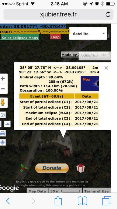 Exact Location & Timing
LATITUDE & LONGITUDE listed.
Also shows 2 min & 41 sec estimate from Google Eclipse Interactive Map
