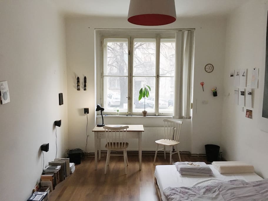 1st room - double bed and soundsystem