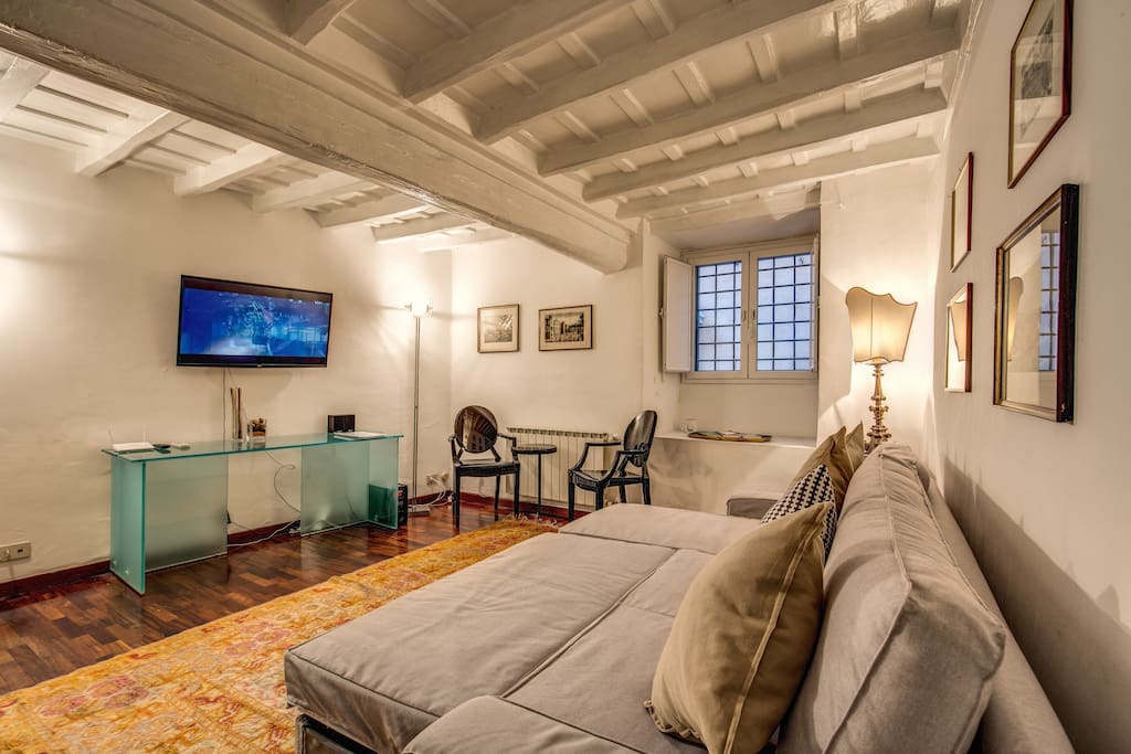 Living room with fold out queen size couch