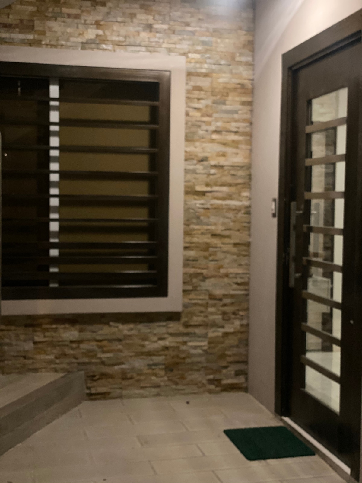 The entrance features a modern door with multiple glass panels, complemented by a stone-textured wall. A small, green mat is positioned at the base of the door on a light tile surface. Decorative side panels enhance the contemporary aesthetic.