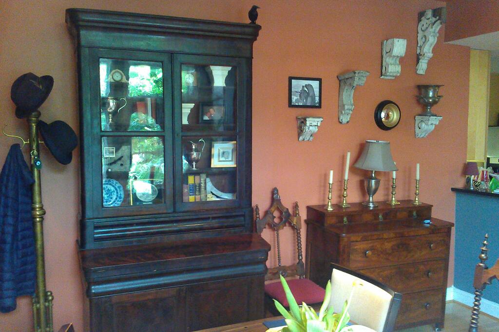 Antiques fill this comfortable and convenient apartment