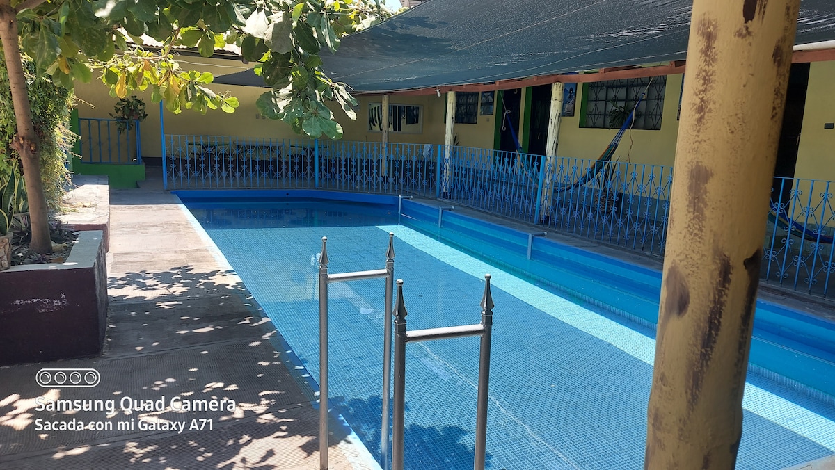 An inviting pool area is surrounded by a protective shade structure, providing a comfortable environment. The clear blue water reflects the sunlight, and the pool is bordered by a simple fence. Green foliage is visible in the background, enhancing the tranquil setting.