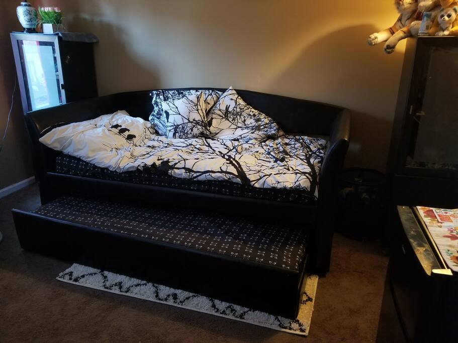 double day bed,private refrigerator with a freezer, microwave,coffee maker and snacks.