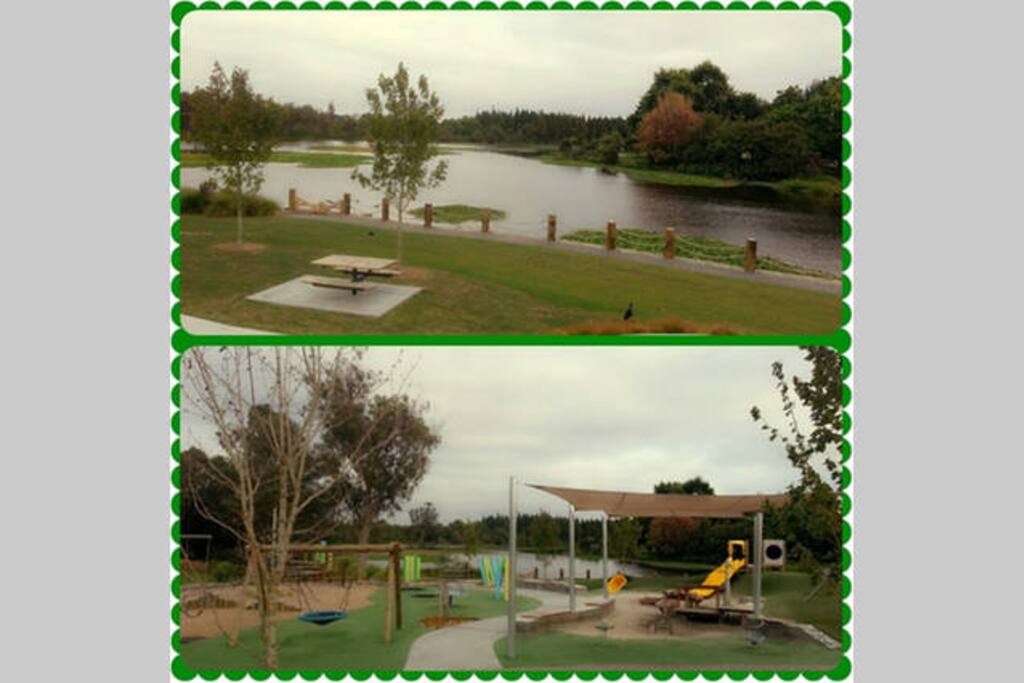 Lake&playground,
5 mins walk from our home.