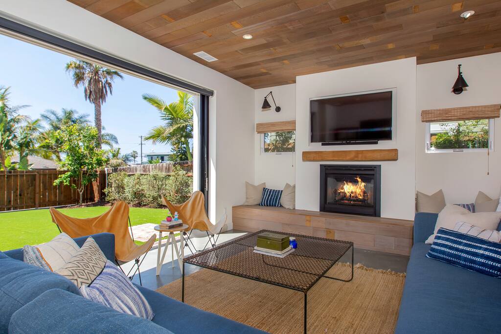 Pocket doors open living room to front yard