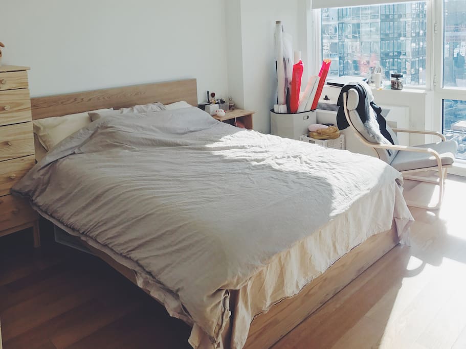 Full bed + dresser + nightstand (the bin of fabric will be gone)