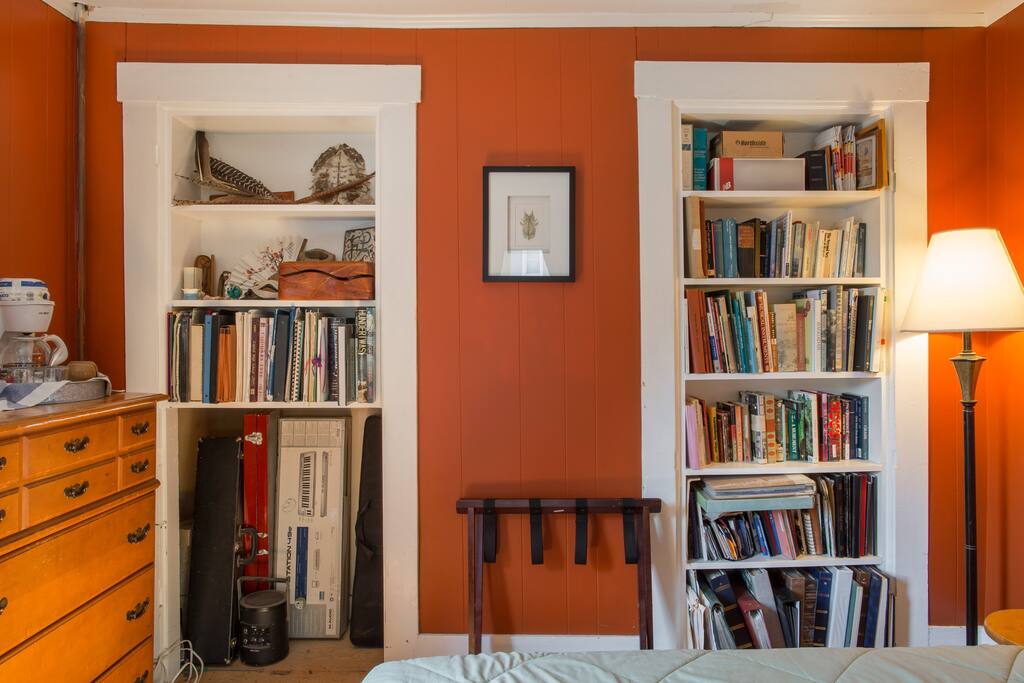 Bookshelves stocked with eclectic non-fiction, graphic novels and literature to ensure sweet dreams