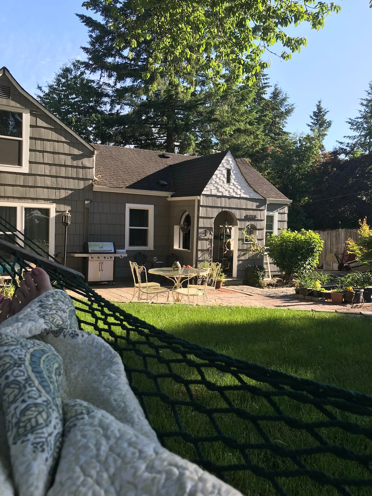 A peaceful patio area is visible from a hammock, surrounded by lush green grass and trees. A charming grey house sits in the background, with a small dining set on a stone patio. Various potted plants are displayed throughout the outdoor space, enhancing the serene atmosphere.