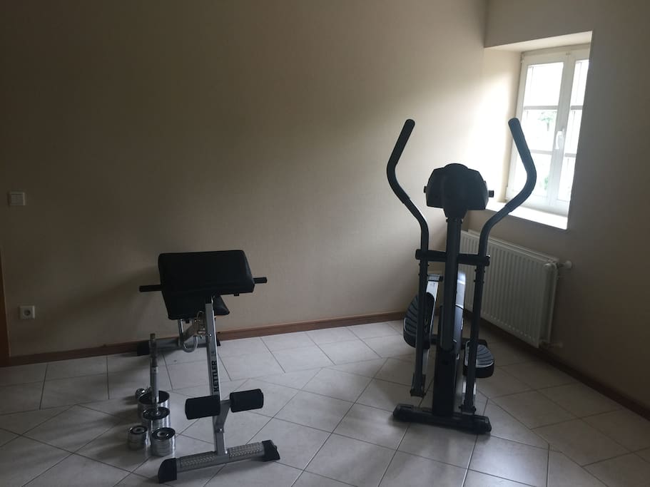 Lift weighs, a weight bank and a crosstrainer for your use.