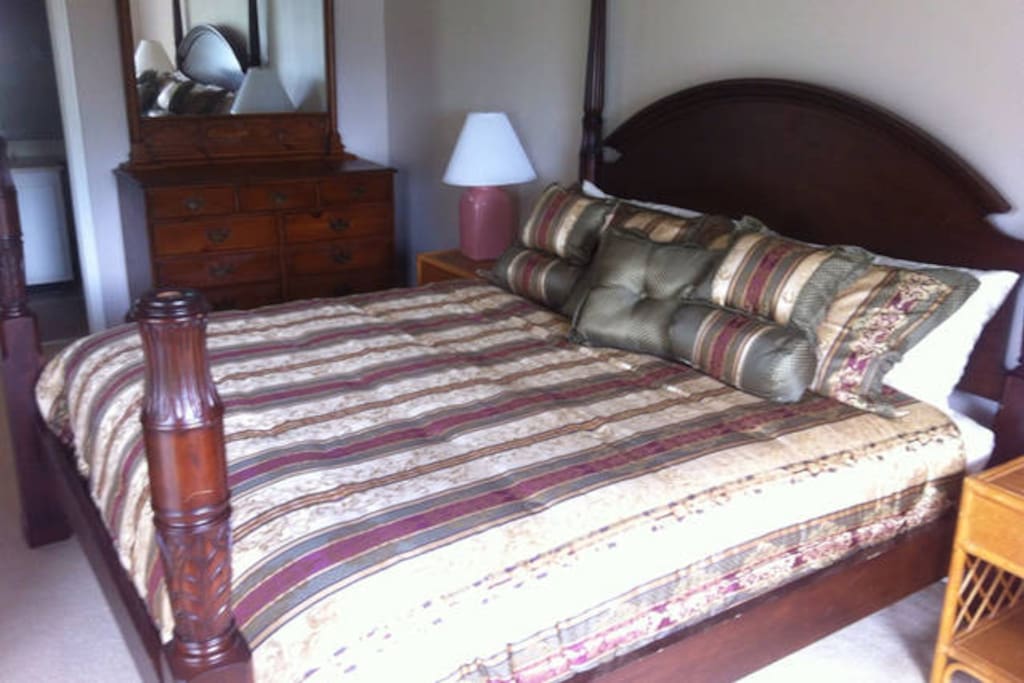 En suite master bedroom with king size canopy bed, walk-in closet, and cable TV