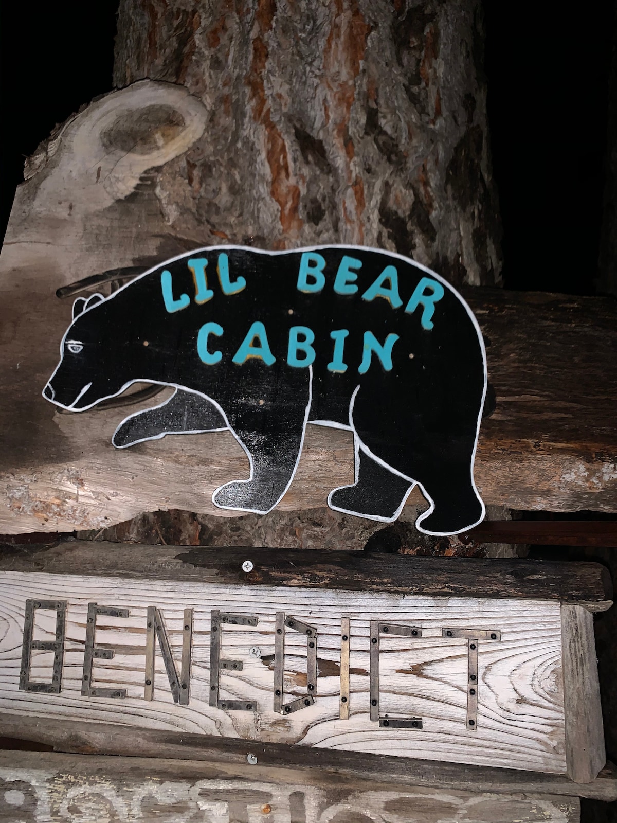 A wooden sign displaying the name 'Lil Bear Cabin' features a black bear silhouette. The sign is mounted on a rustic wooden structure, surrounded by trees, emphasizing the cabin's natural and cozy setting.
