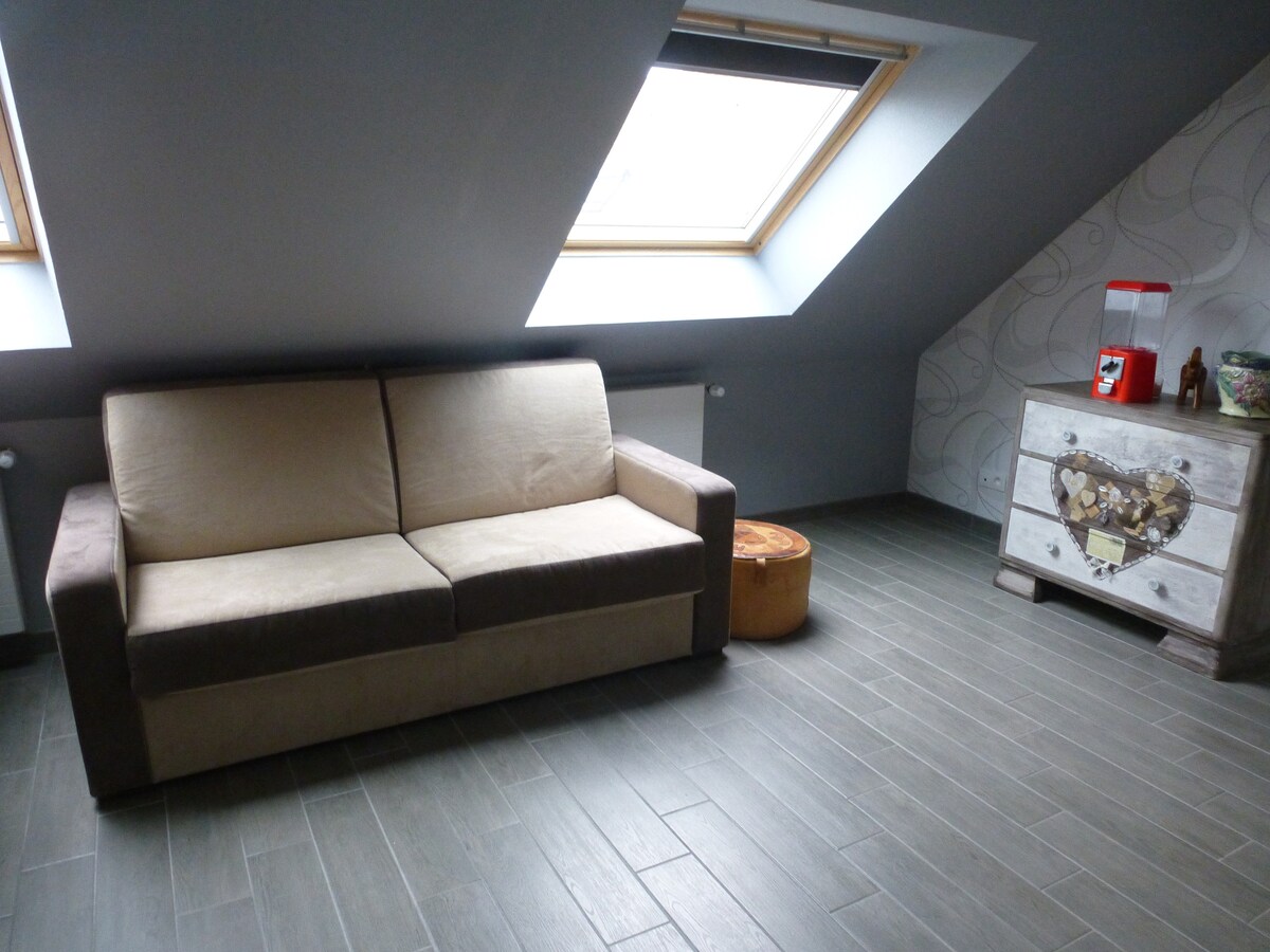 A cozy lounge area features a brown and beige sofa positioned near two skylights. Light from the skylights enhances the clean, wooden floor. A small drum table is placed in front of the sofa, complemented by a decorative cabinet with floral detailing.