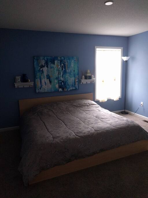 Main bedroom for you, with King bed, work desk, huge closet and drawers, with attached bathroom.