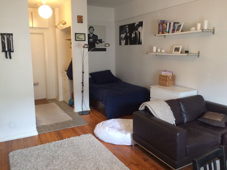 -Room with small sofa and bed. Bed is 120cm wide
