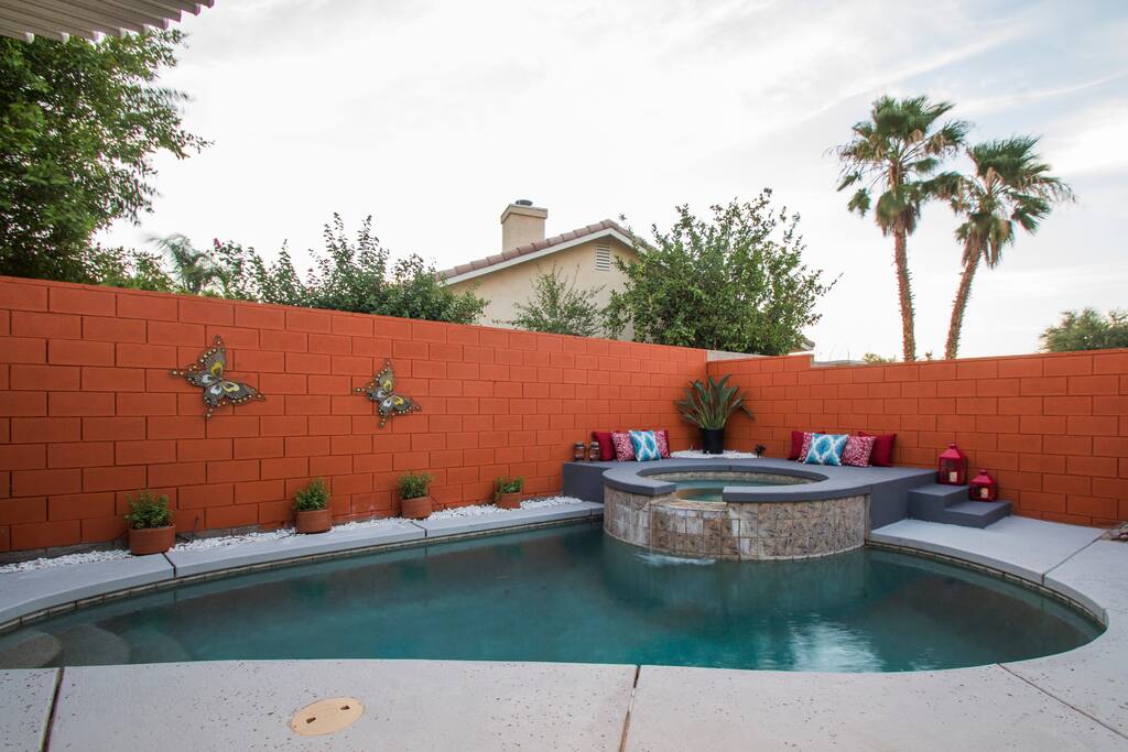 A private pool with an oversized spa water spill over the pool. Perfect for relaxation and stargazing at night.