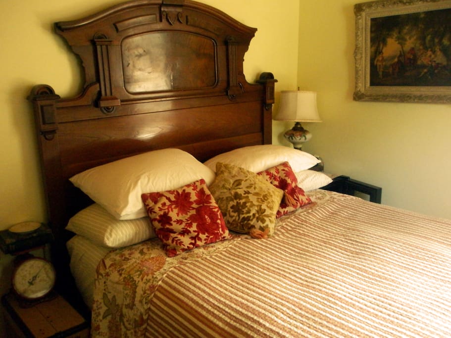Rest your weary head on this comfy full-sized bed.