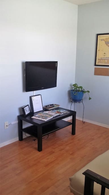 TV and DVD player, guest's information binder, and tourist information magazines and pamphlets