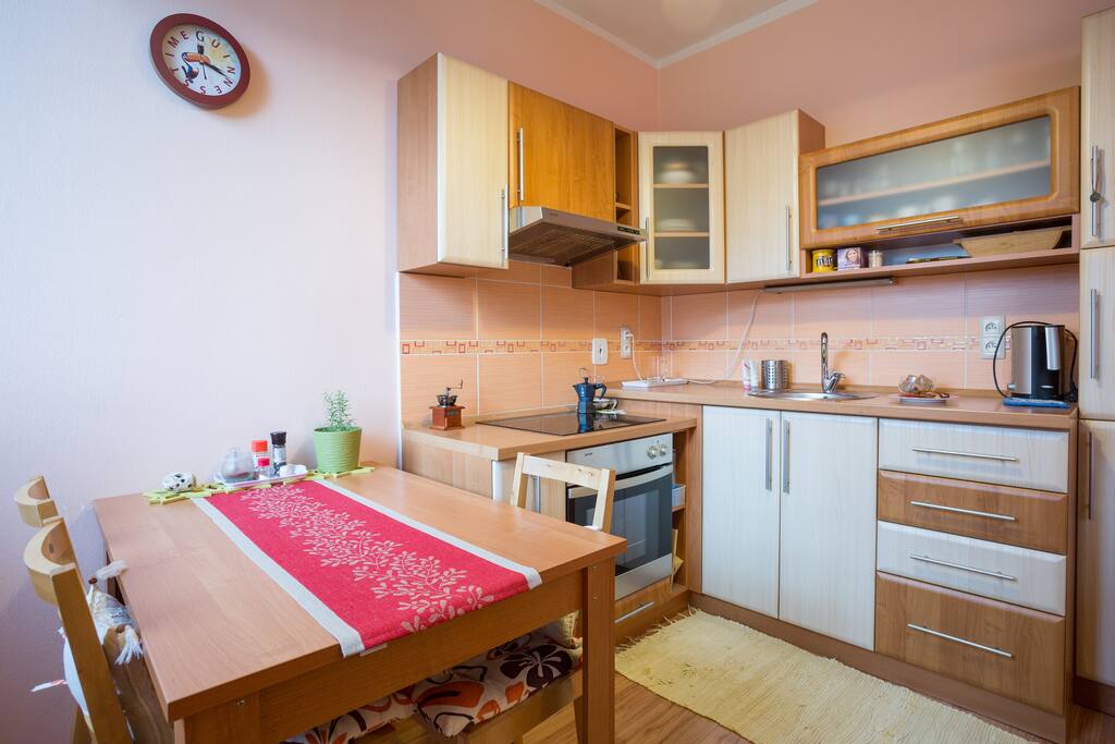 Fully furnished kitchen with stove top, oven, kettle, utensils and all you need for preparing your meals
