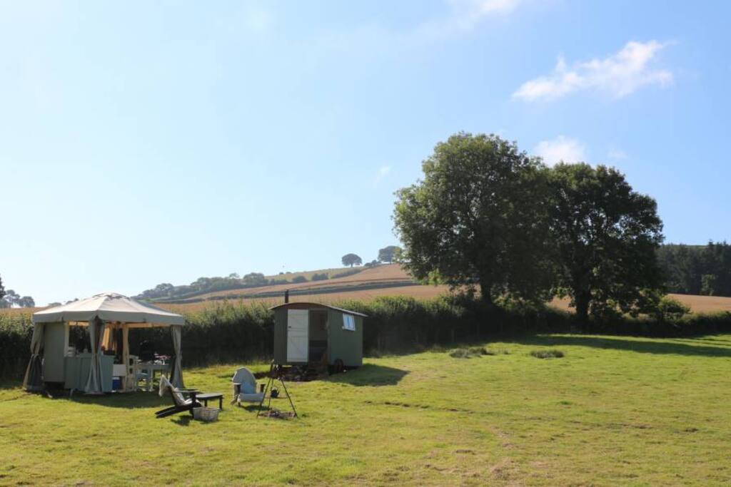 Basheba the Shepherd's Hut and the outdoor kitchen.