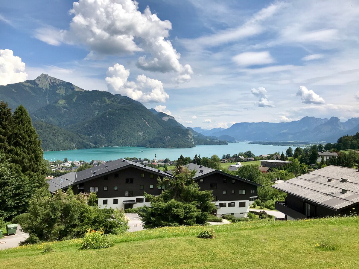 A scenic view captures the expansive Wolfgangsee Lake, surrounded by lush greenery and mountainous terrain. Modern buildings are situated in the foreground, providing a sense of tranquility and natural beauty in the heart of Austria's lake district.