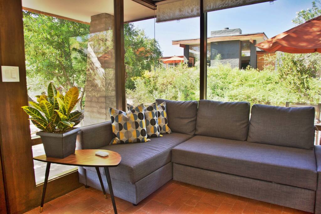 This sleeper sofa converts into a comfortable full size bed.