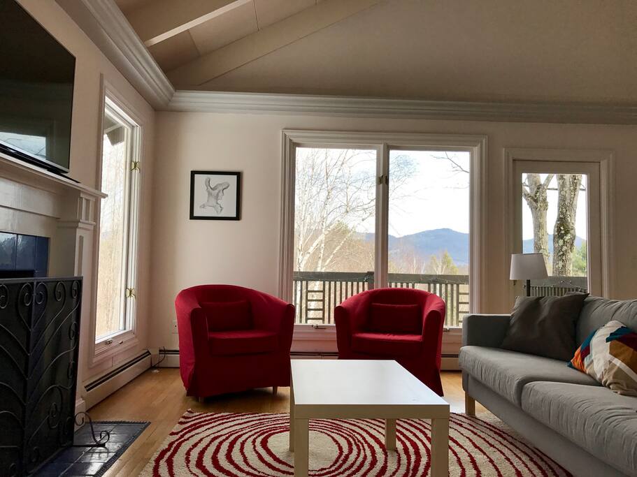 Living room with propane fireplace, 49" flat-screen and plenty of seating