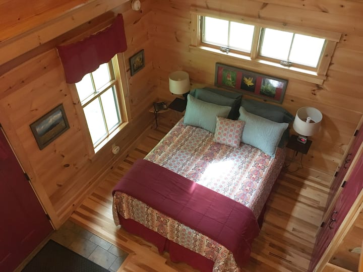 Sleeping nook viewed from above.  Vaulted ceiling gives an extra spacious feel!  Pictured is one of the summer quilts.