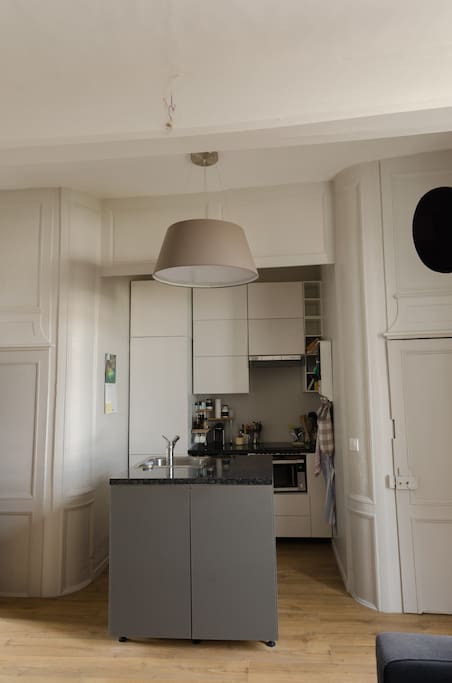 Petite cuisine très fonctionnelle (four/micro-ondes, frigidaire, congélateur, lave-vaisselle, machine Nespresso)