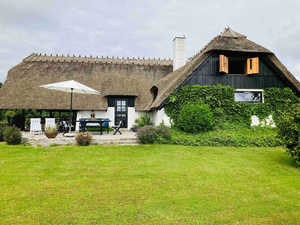 A charming thatched-roof villa features a patio area equipped with an umbrella and outdoor seating. The exterior is complemented by lush greenery, and large windows reflect natural light. The well-maintained lawn surrounds the house, providing a serene outdoor space for relaxation.