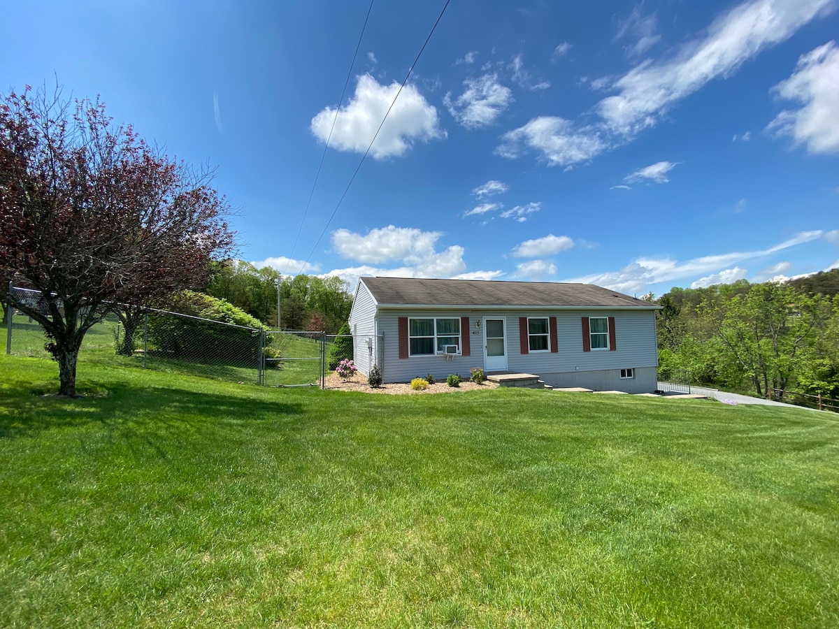 A single-story house is surrounded by lush green grass and a well-maintained landscape. A variety of trees and shrubs can be seen, along with a fenced yard in the background. Bright blue skies and scattered clouds create a serene setting.
