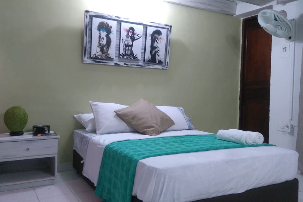 Habitación privada, cama doble, A/C, baño privado, armario y ventilador.