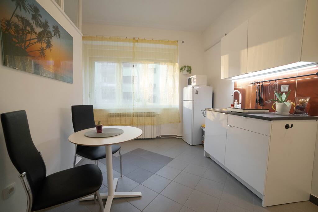 Kitchen. Kitchen Table. Sink. Refrigerator. Hot Plate. Cooking Utensils. Plant. Drawers