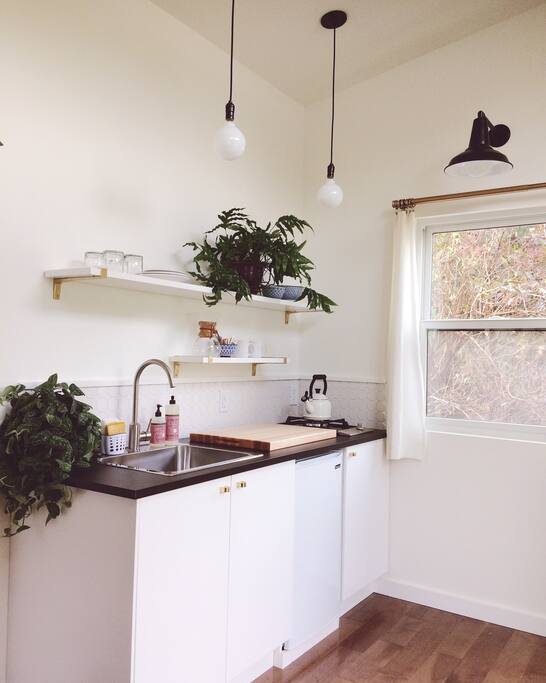 The kitchen has a mini fridge and a one burner gas stove. Out the window is a large Elderberry bush that is often filled with little yellow finches and hummingbirds.