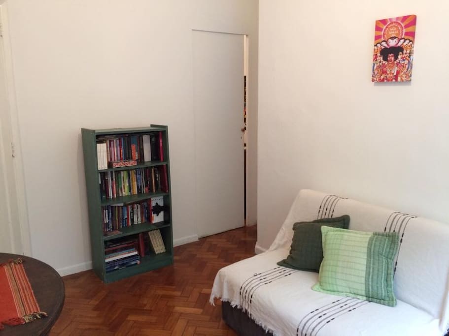 Sala com sofá-cama de solteiro e estante de livros.