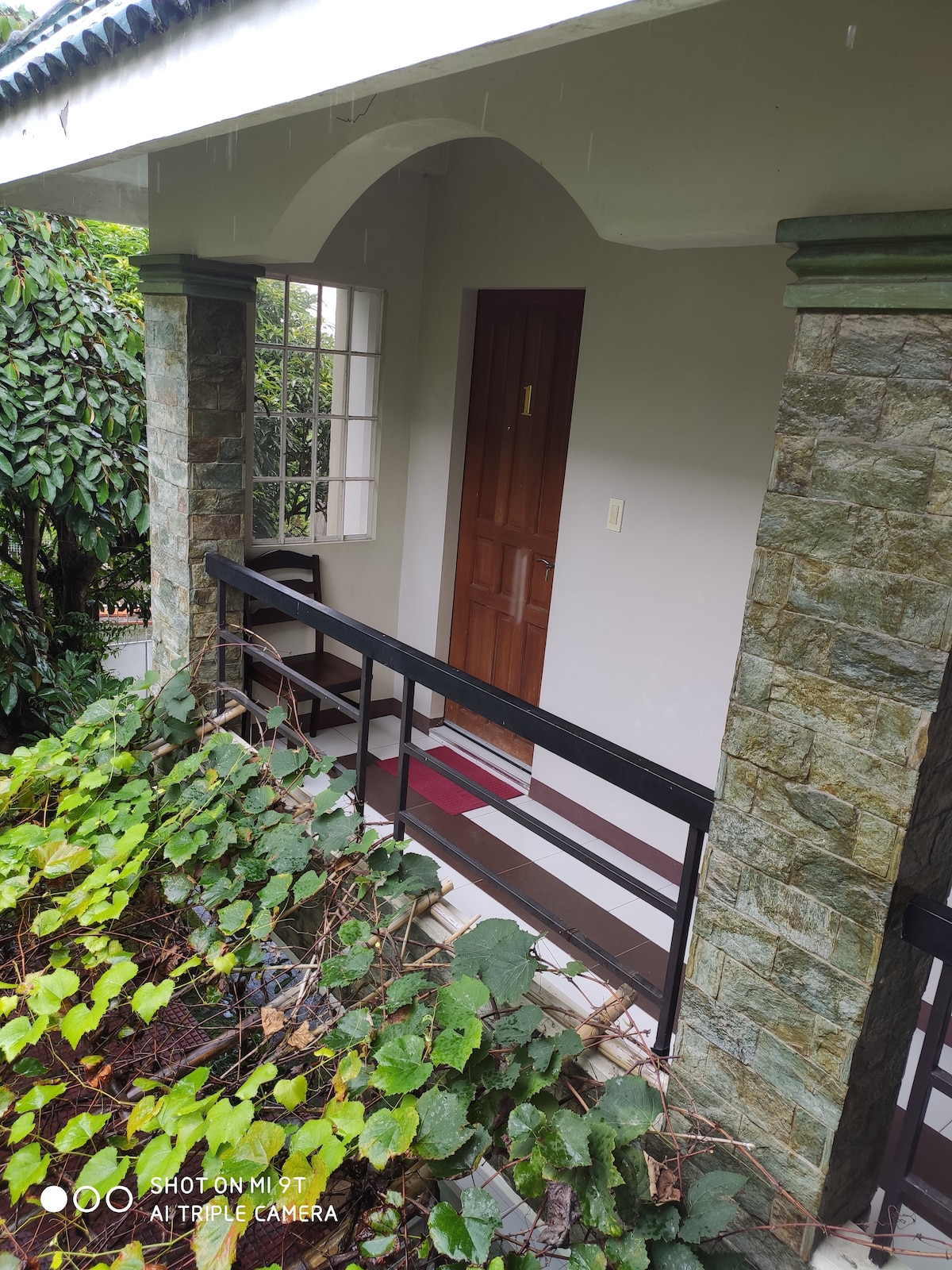 An entrance to a building is framed by natural stone columns and greenery. A wooden door is positioned prominently at the front, with a small window on the side allowing light to filter through. Steps lead up to the entrance, surrounded by lush plants.