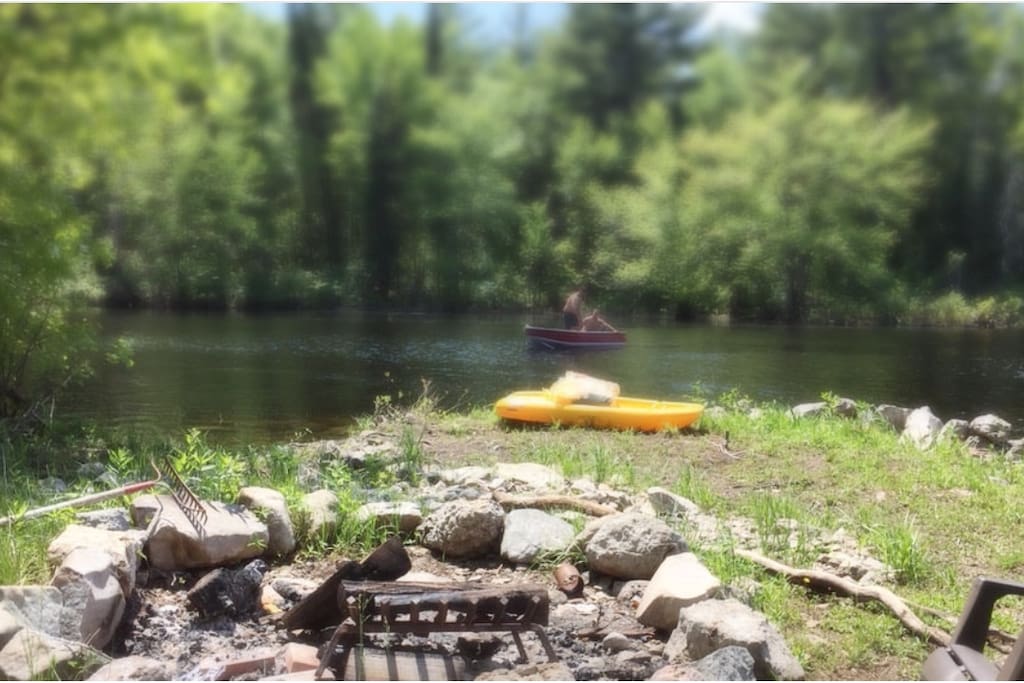 Shore, fire pit, boat, kayak