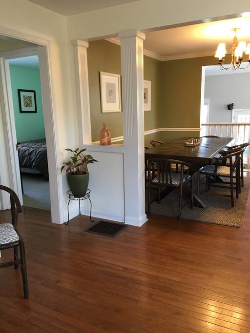View of dining room and second bedroom from front door.