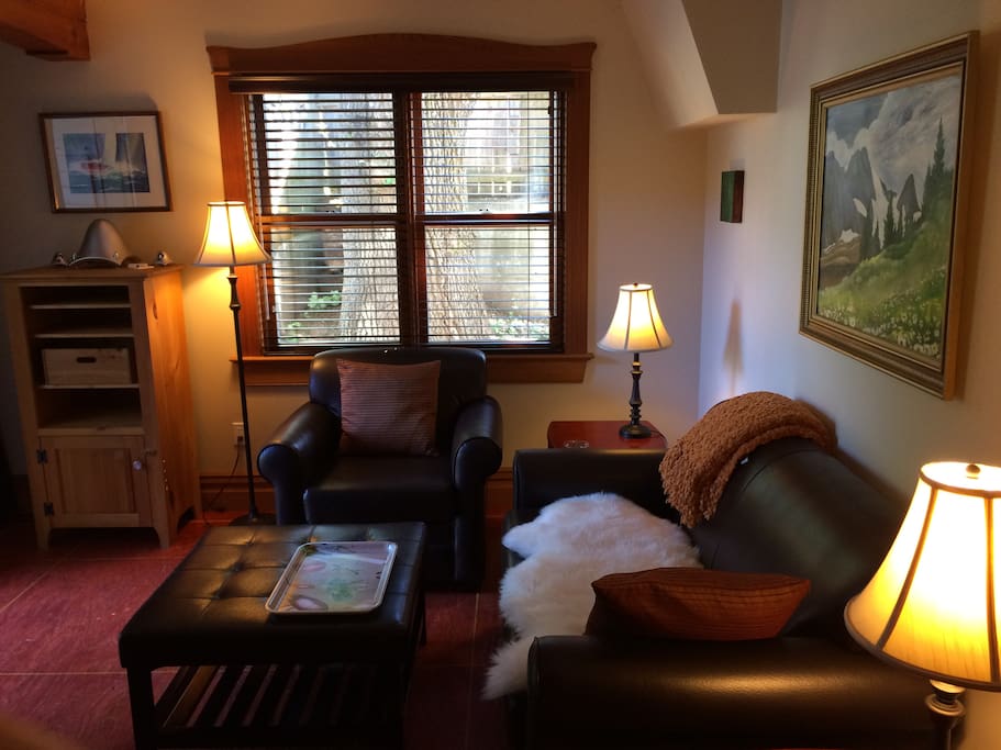 Private living room with leather furniture, 48" flat-screen TV & netflicks, WIFI and music system