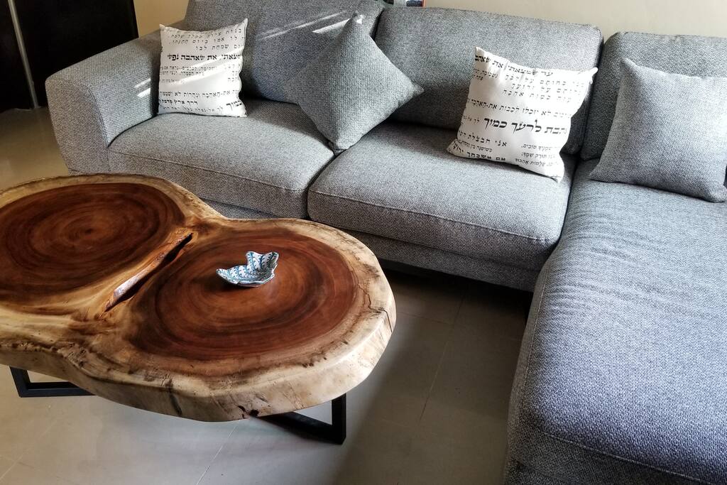 new sofa and coffee table at TV room with Netflix included