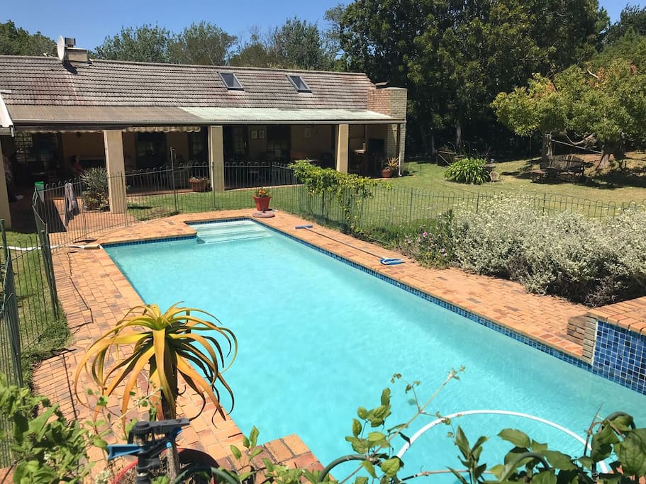 View of the pool and veranda from garden