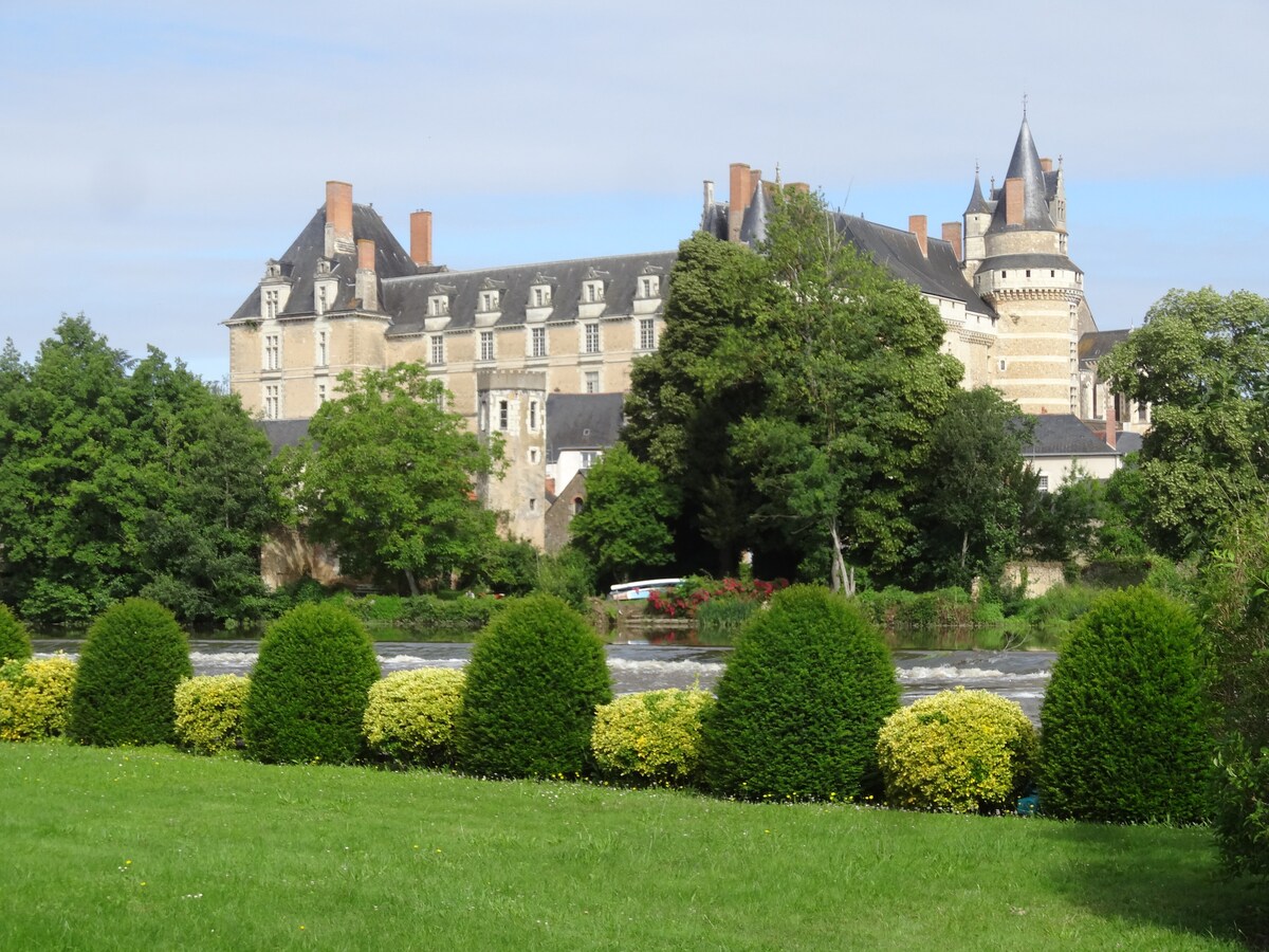 The image features a view of an impressive chateau, characterized by its stone facade and multiple towers. Lush green trees surround the property, providing a natural frame. In the foreground, neatly trimmed bushes and colorful flowerbeds enhance the scenic landscape, while the river flows gently nearby.