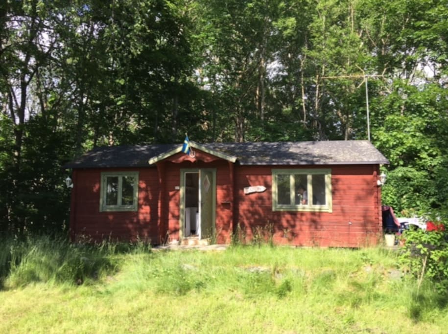 The small and cute cottage from the outside. To the right of the house is an porch where you can sit outside and enjoy your meals!