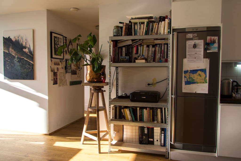 A view of the kitchen and the corridor into bedrooms and bathroom. We have a great collection of art books and novels, in french, icelandic and english. June 2016