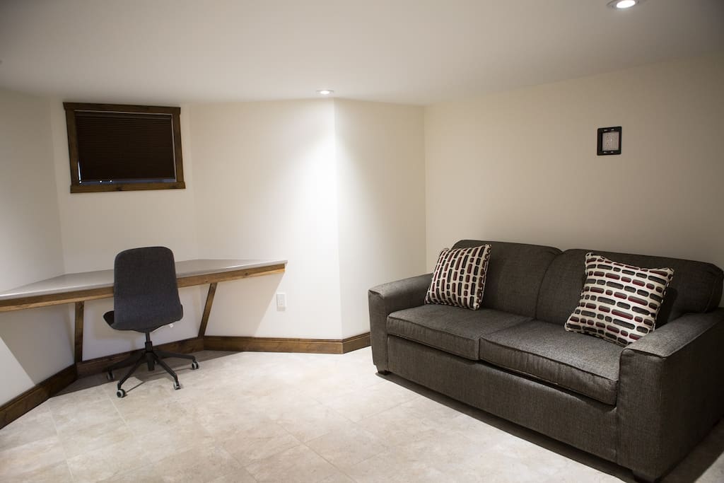 Common Area | rear basement . pull-out couch . desk