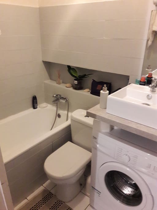 Washing machine & bathtub in the bathroom