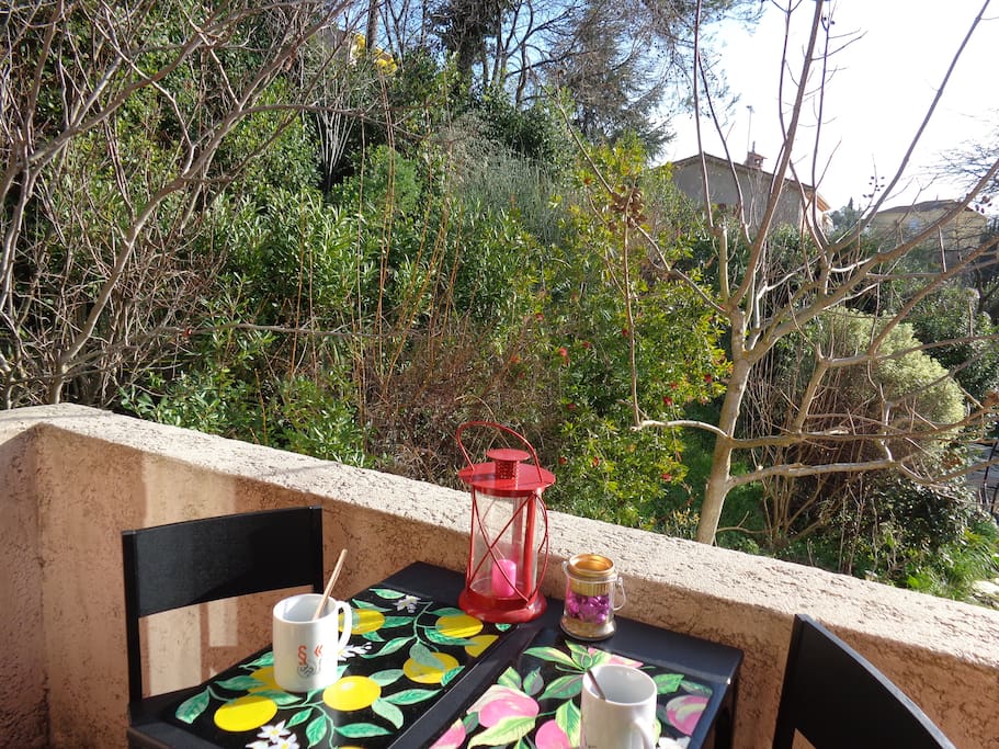 Balcon privatif avec vue sur le jardin et la piscine