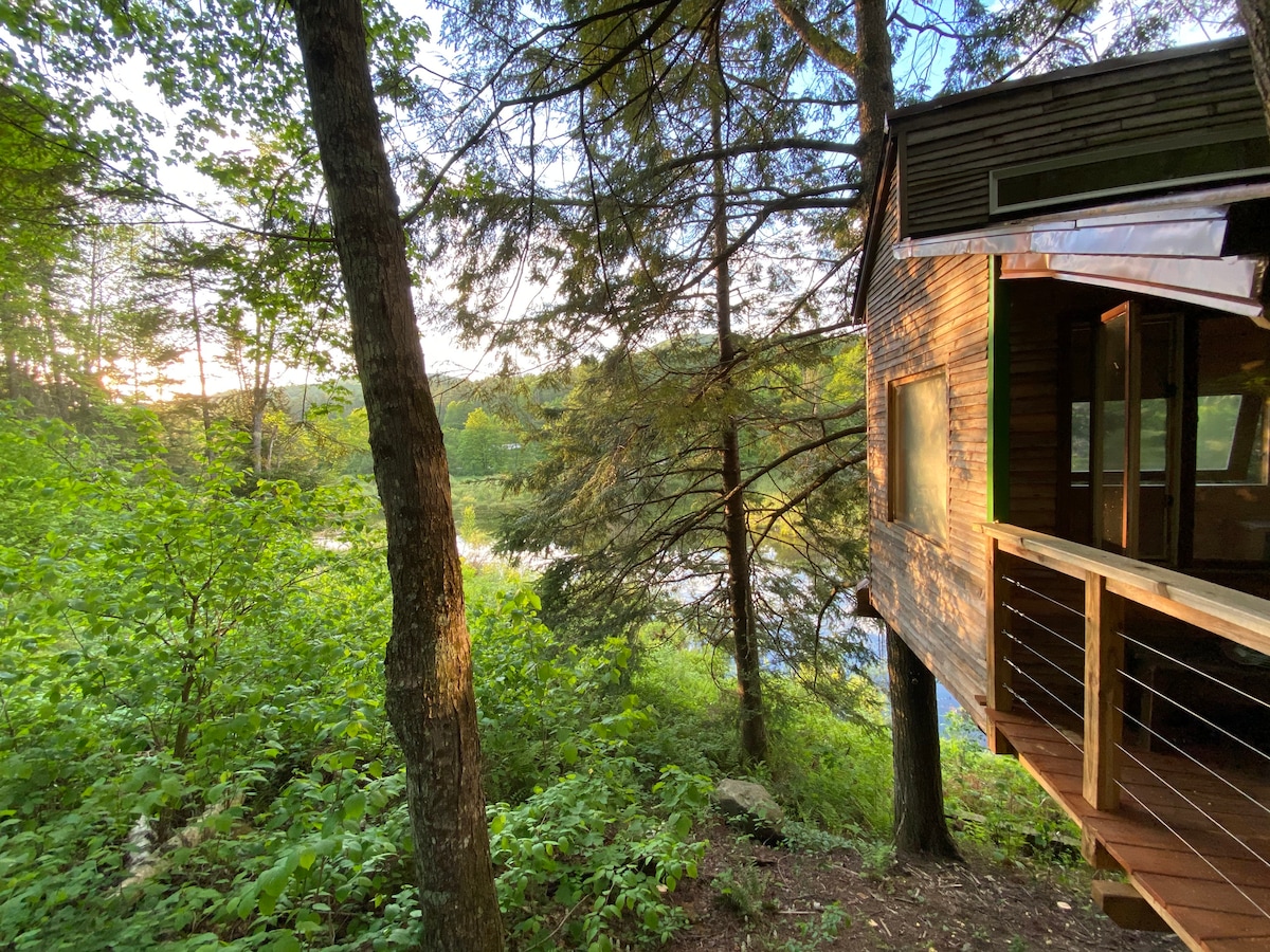 A treehouse structure is nestled among lush greenery, with wooden railings leading to an expansive view of the surrounding forest and a pond. Sunlight filters through the trees, highlighting the natural landscape just outside the treehouse.