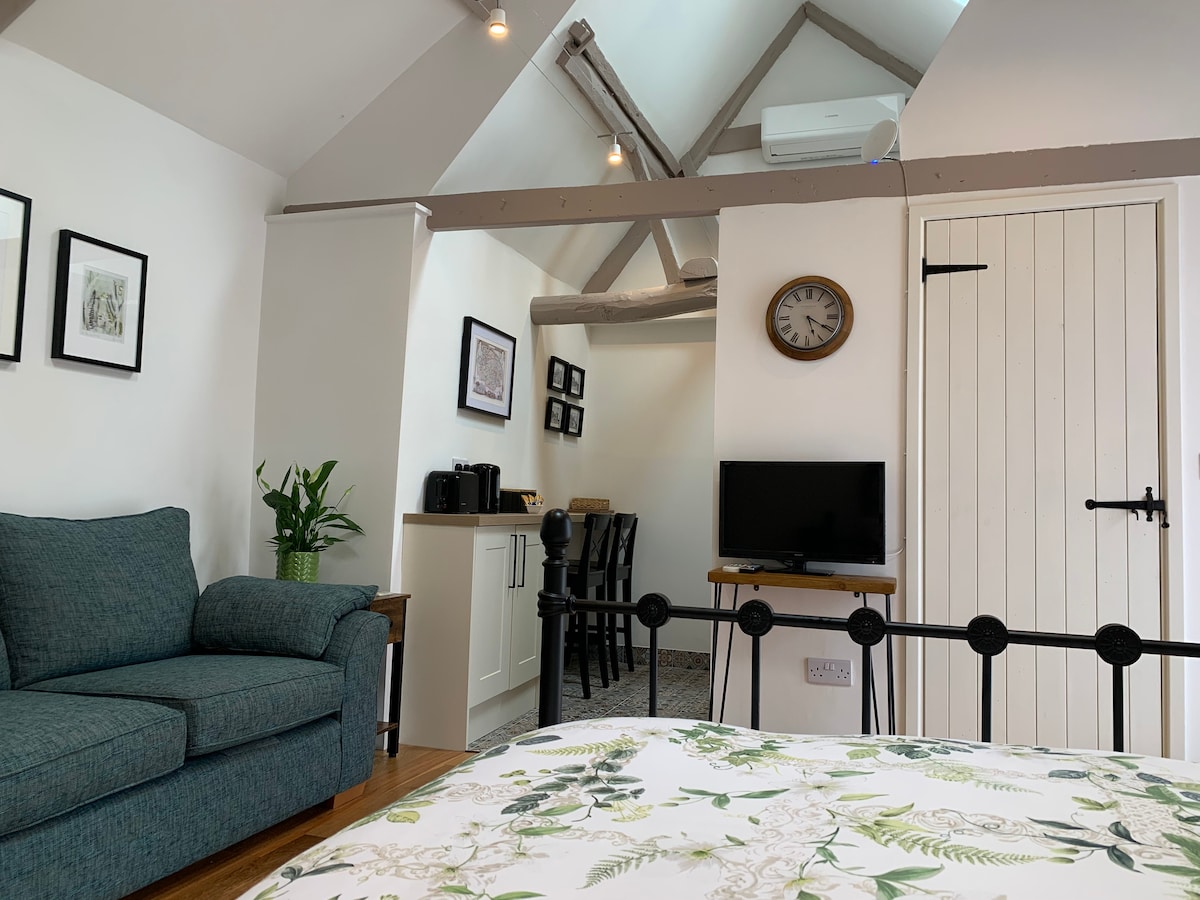 A spacious living area features a comfortable sofa and a kitchenette with essential appliances. A dining table and four chairs are positioned nearby. A clock hangs on the wall, while a television is mounted at eye level. The wooden beams and large windows enhance the bright atmosphere.