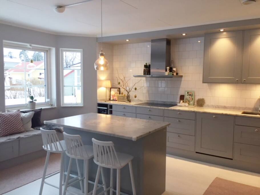 Newly renovated kitchen with marble countertop