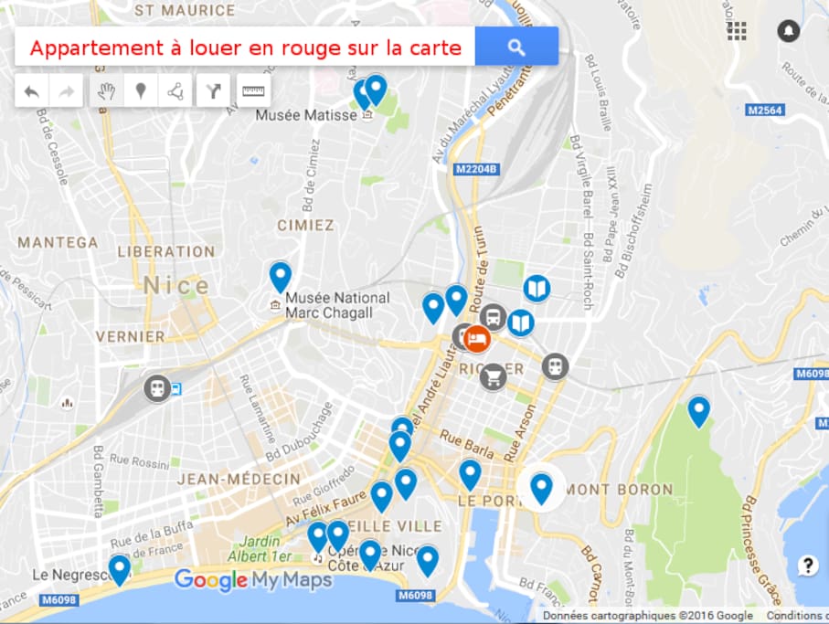 En rouge l'Esplanade. Autour, les points d'intérêt.